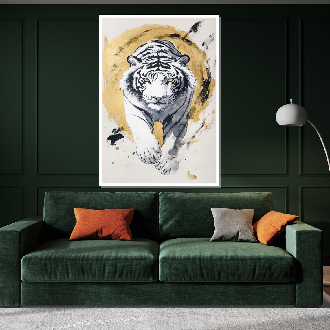 White Tiger Ink Wash Artwork Golden Circle Modern Wildlife Art Poster - Image 3