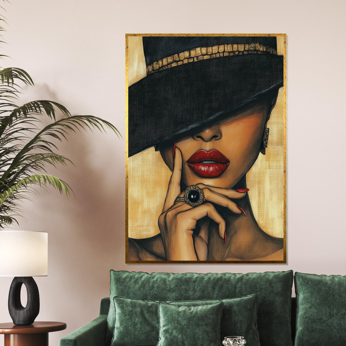 Elegant Woman Black Hat Red Lips Gold Ring Glamour Fashion Art Poster