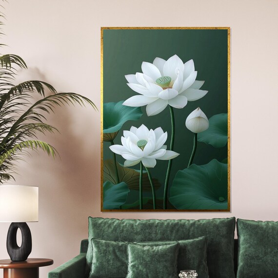 White Lotus Blossom Dark Green Botanical Floral Elegant Poster