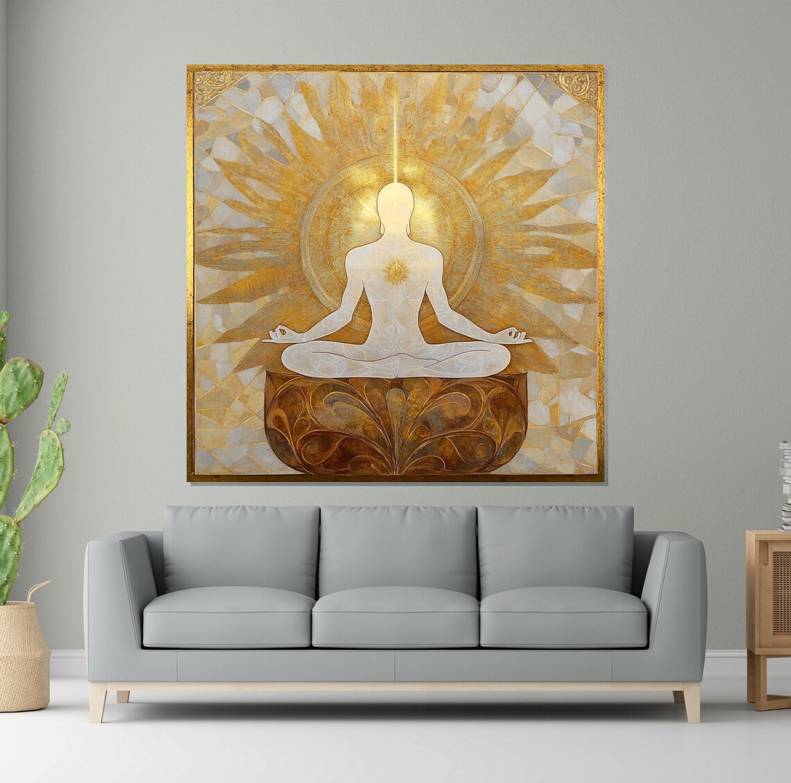 Golden Sunburst Meditation Silhouette Spiritual Modern Art Poster