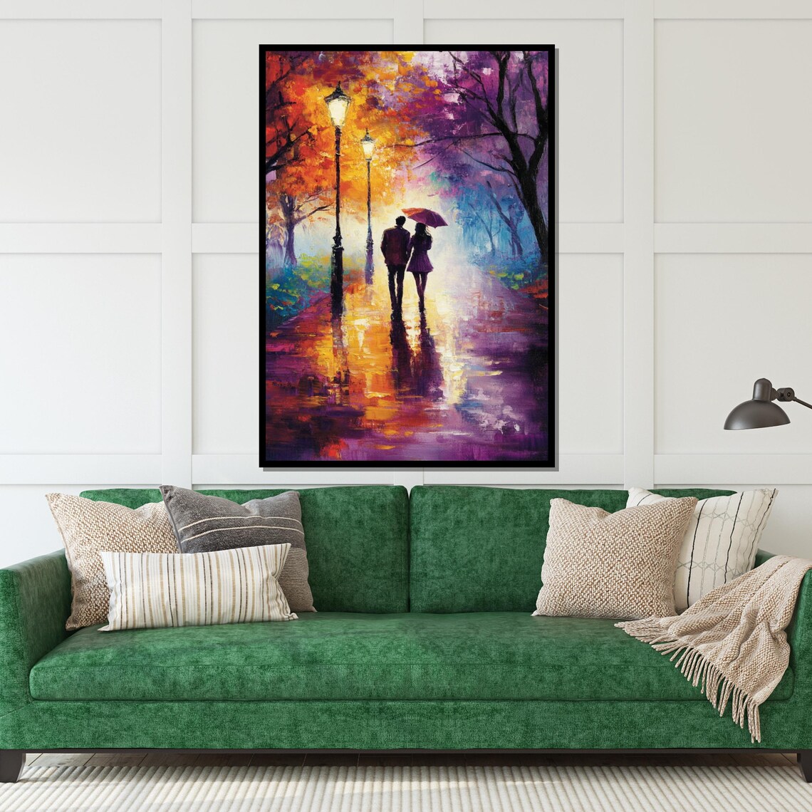 Romantic Couple With Umbrella Rainy Night Walk Autumn Park Poster - Image 5