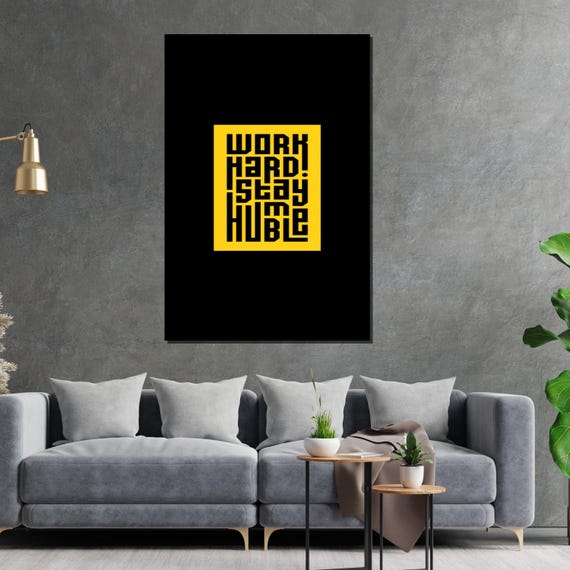 Motivational Typography Work Hard Stay Humble Print Inspirational Wall Art Yellow And Black Design Ready To Hang Decoration