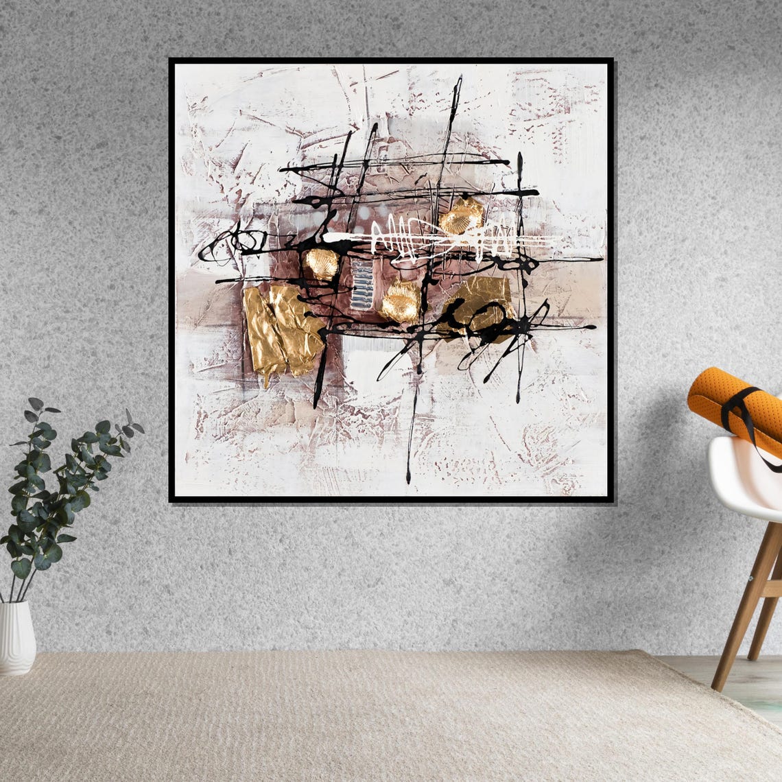 White Abstract Gold Leaf Accents Black Ink Scribble Art Poster - Image 5