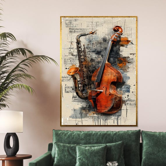 Jazz Symphony Art Saxophone And Cello Wall Print Music Themed Poster Wall Art Design Ready To Hang Decoration