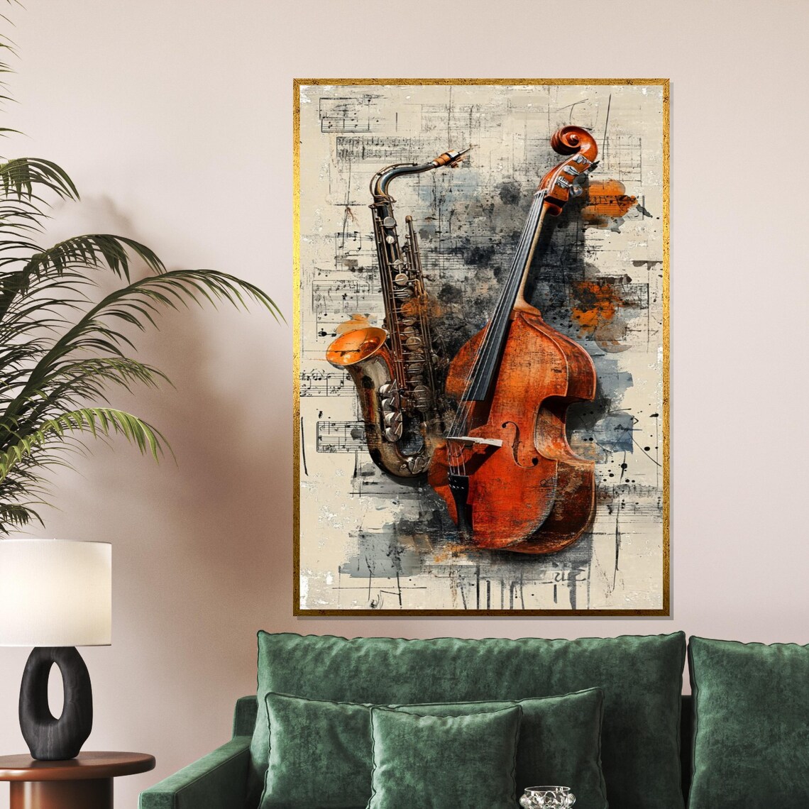 Saxophone Double Bass Aged Sheet Music Vintage Jazz Club Poster