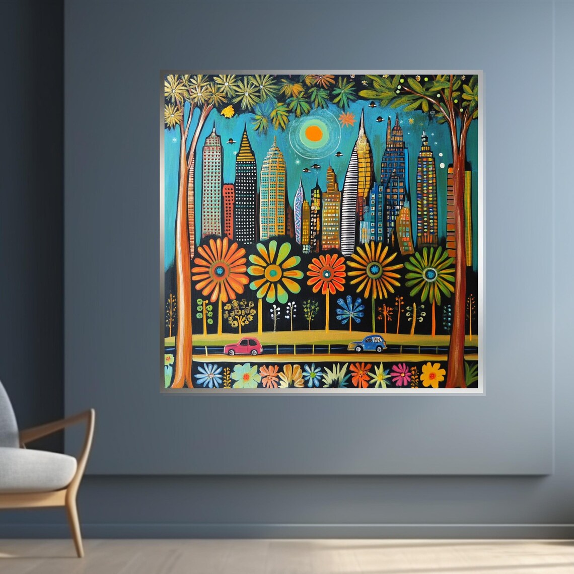 Whimsical Colorful City Skyline with Giant Flowers Modern Art Poster - Image 4