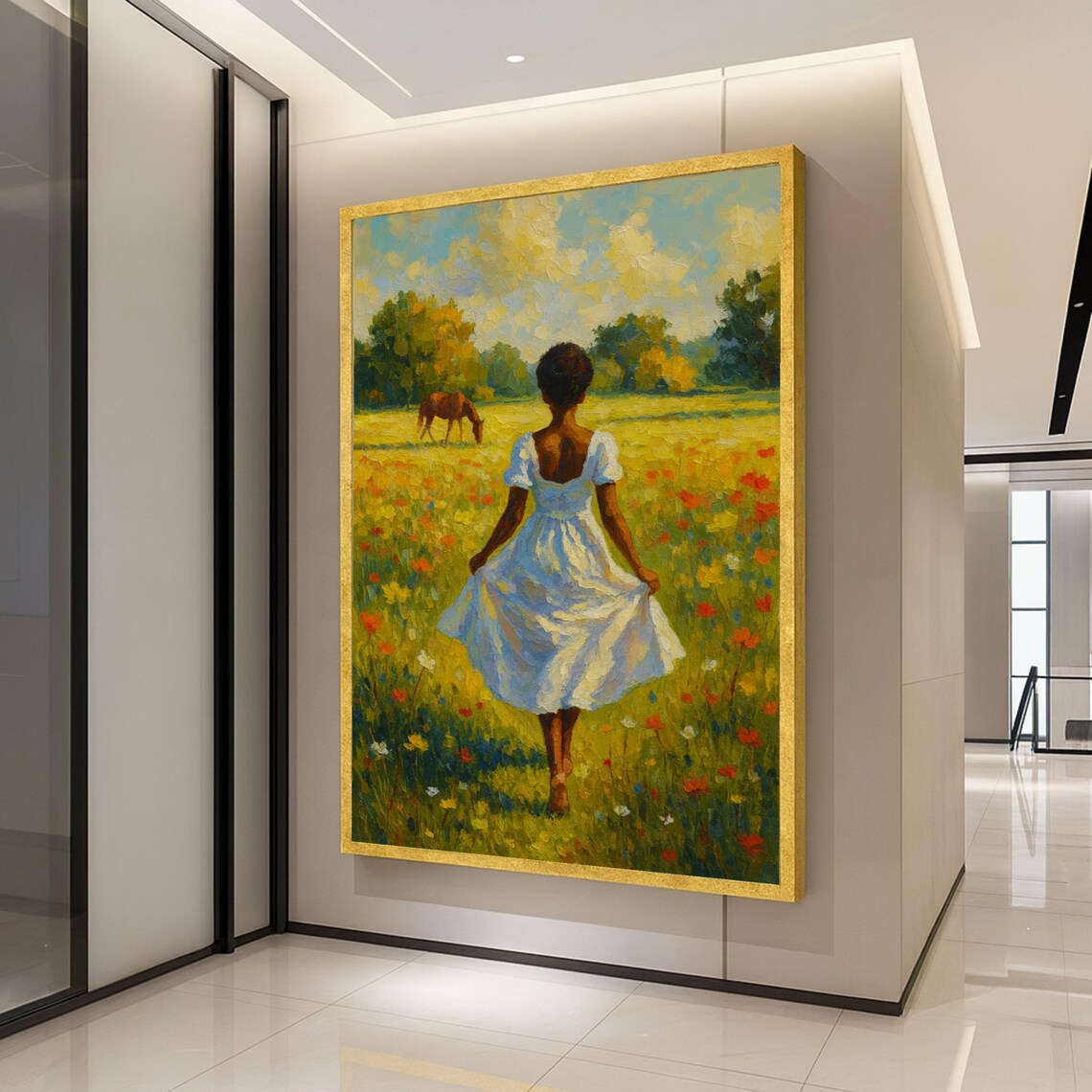 Woman In White Dress Wildflower Meadow Impressionist Painting Print