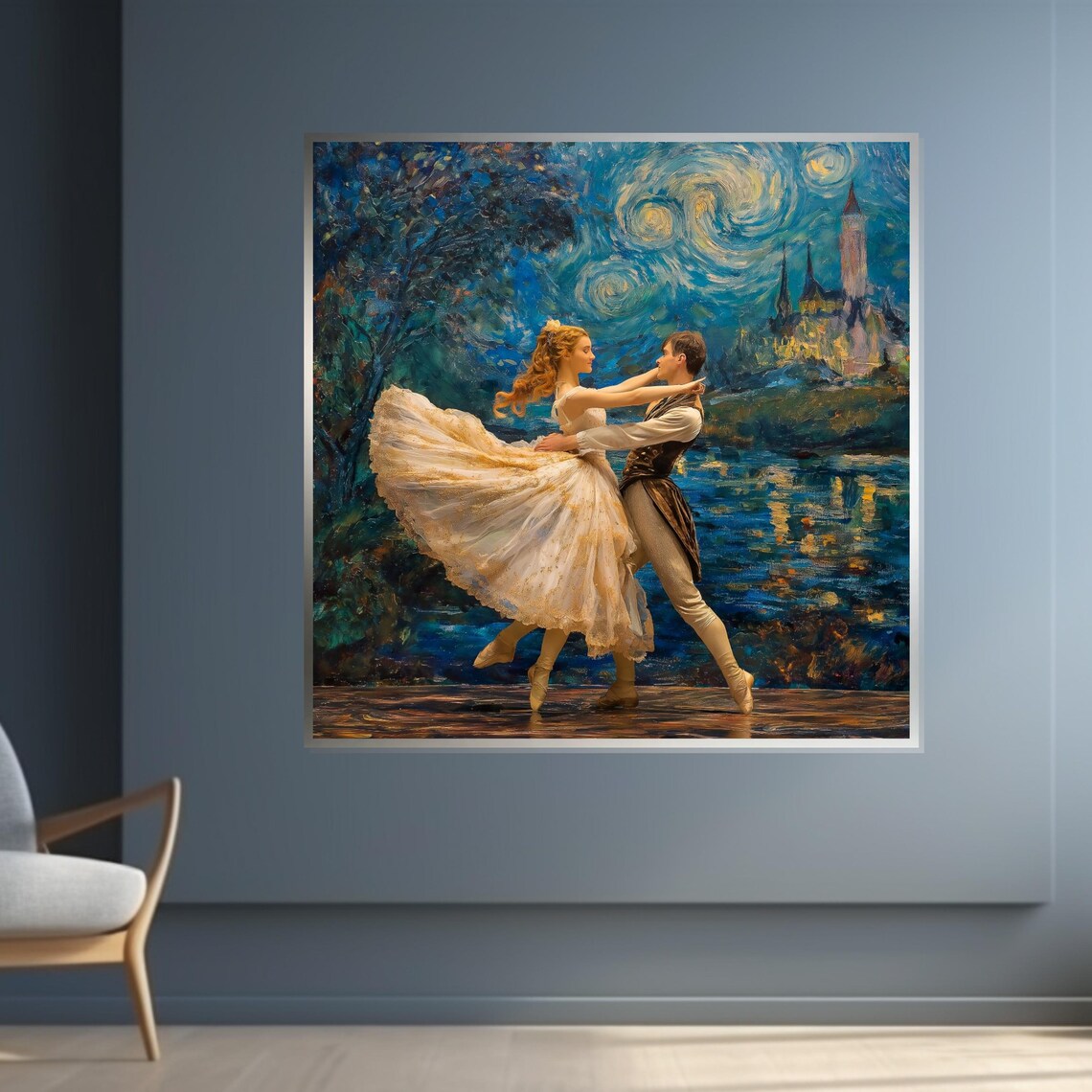 Ballet Couple Dancing Under Swirling Starry Night Sky Art Poster - Image 4