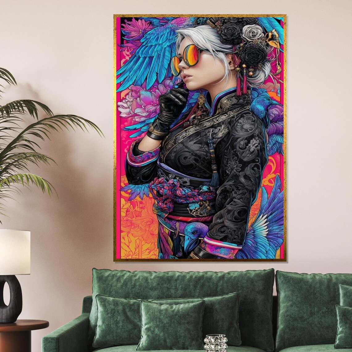 Vibrant Geisha Woman Sunglasses Parrot Colorful Pop Art Portrait Poster
