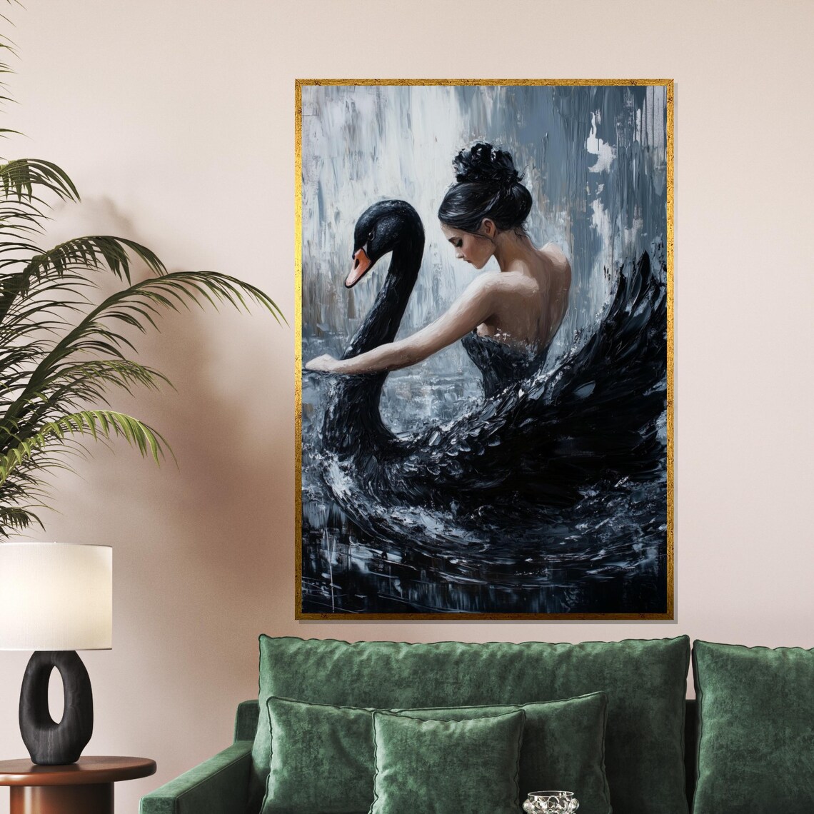 Woman Embracing a Black Swan Dark Elegant Artistic Portrait Poster