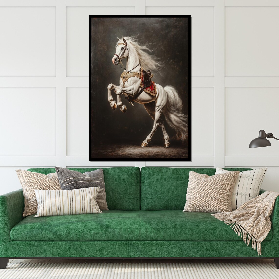 White Horse Rearing Ornate Harness Classical Equestrian Oil Art Poster - Image 5