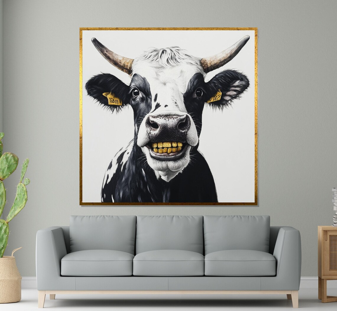 Grinning Black And White Cow With Gold Teeth Funny Farm Art Poster