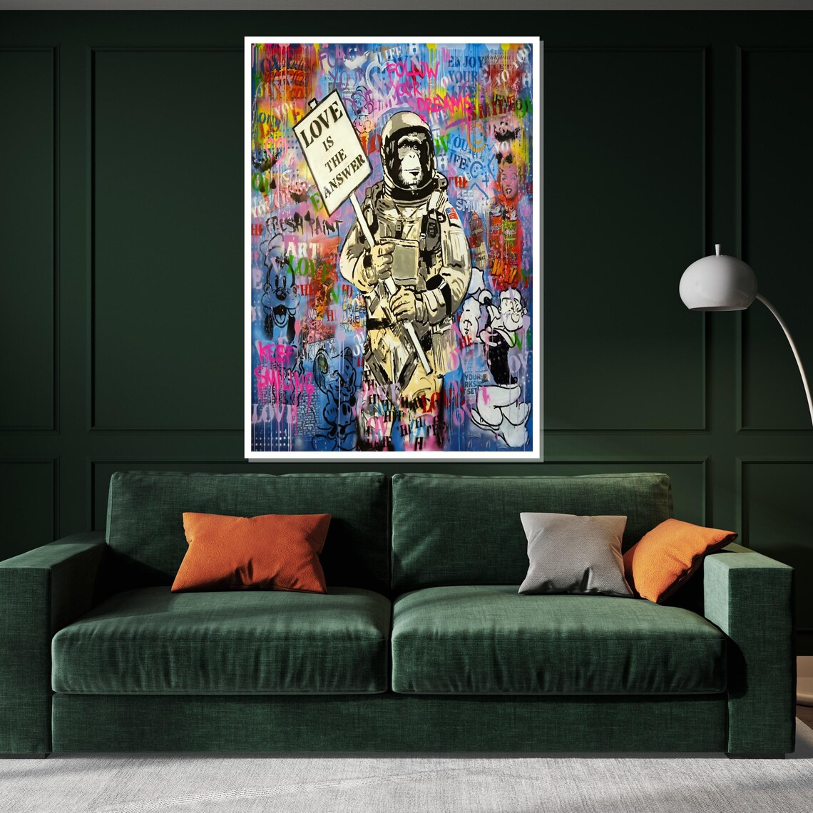 Astronaut Chimp Holding Love Is The Answer Sign Graffiti Pop Art Poster - Image 3