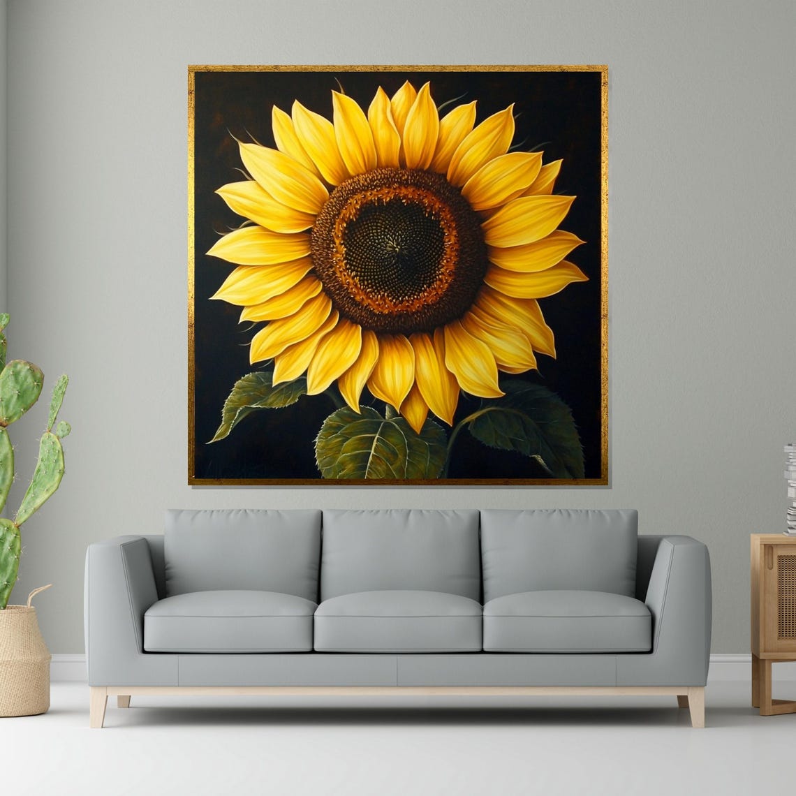 Golden Sunflower On Black Bold Botanical Floral Oversized Wall Art