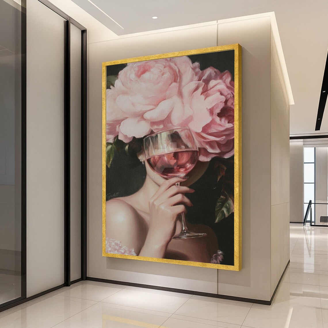 Elegant Woman With Pink Rose Headpiece And Wine Glass Floral Portrait Poster