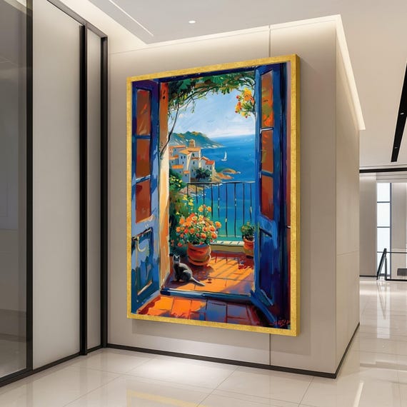 Mediterranean Balcony Sea View Door Cat Orange Flowers Art Poster