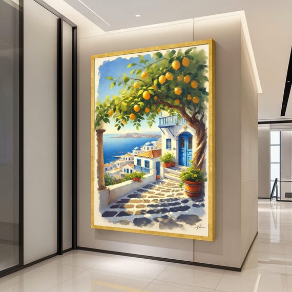 Mediterranean Village Canvas Print Coastal Wall Art With Lemon Tree Greek Island Decor Ready To Hang Travel Painting