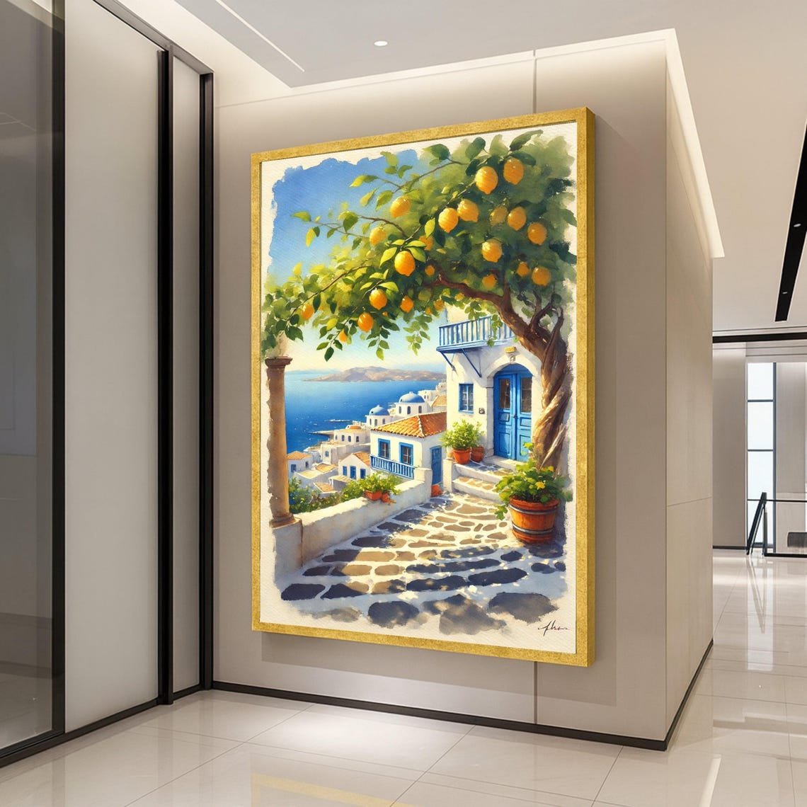Greek Island Village Lemon Tree Blue Doors Coastal Painting Print