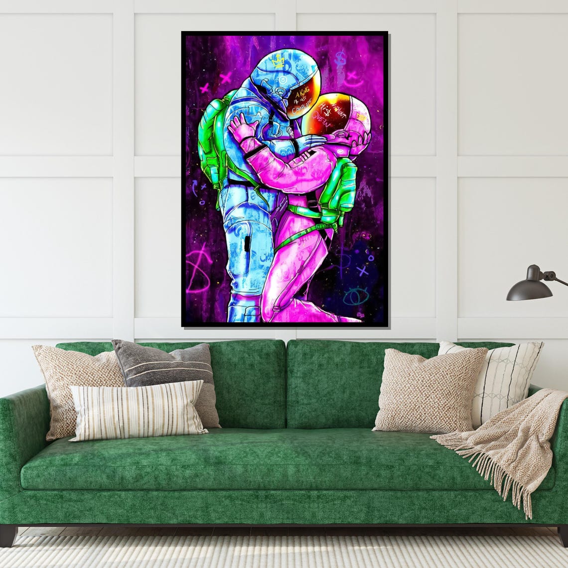 Neon Astronaut Couple Embrace Cosmic Love Graffiti Style Poster - Image 5