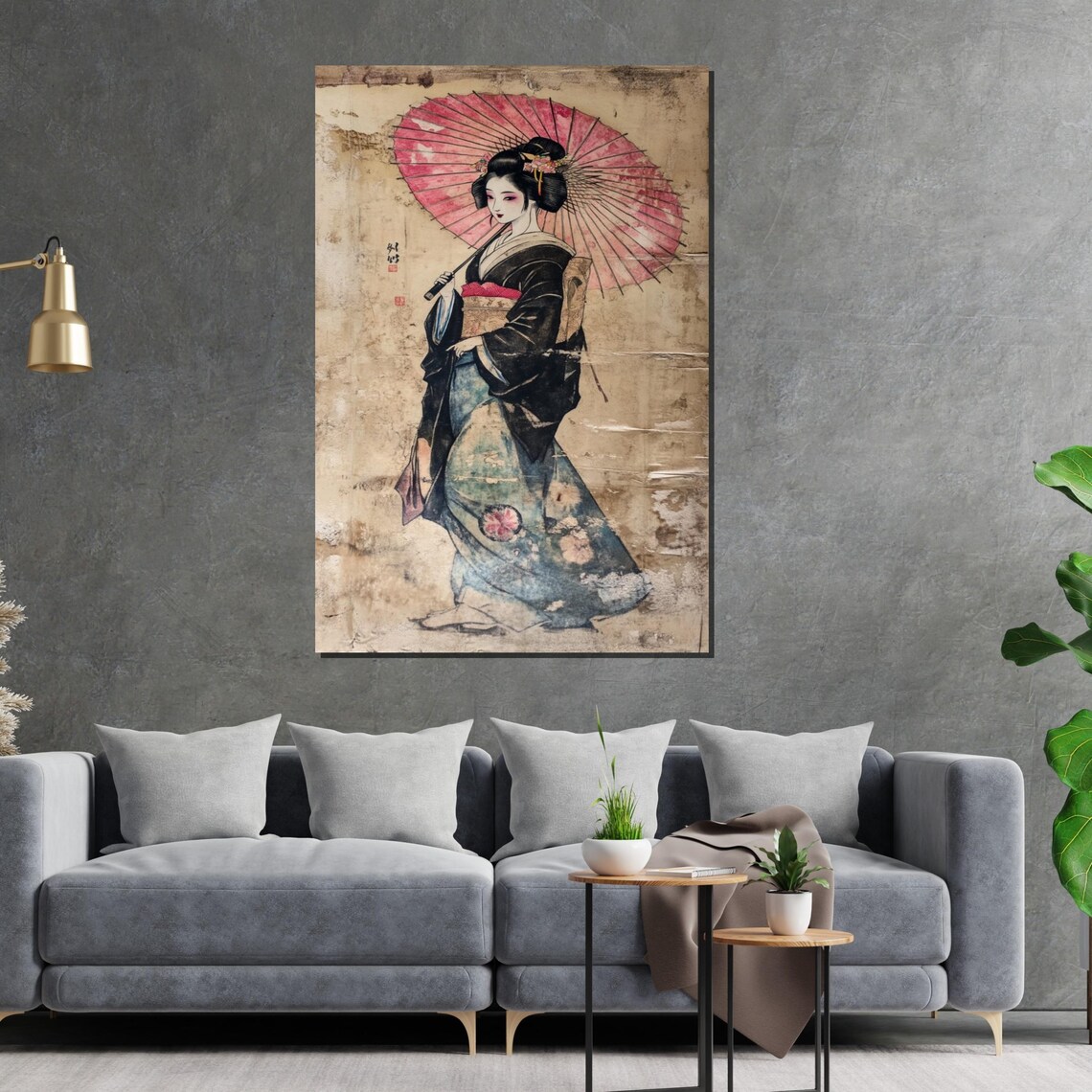 Geisha Pink Parasol Vintage Japanese Woodblock Style Art Poster - Image 2