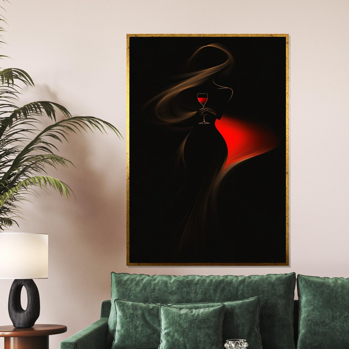 Elegant Woman Silhouette Holding Red Wine Glass Black Art Poster - Image 5