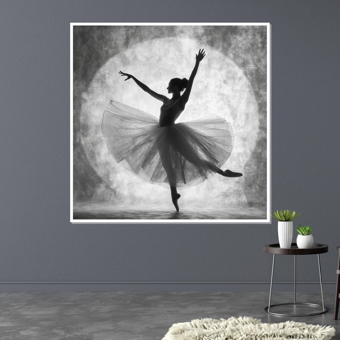 Ballerina Silhouette Dancing Against Full Moon Monochrome Poster - Image 3