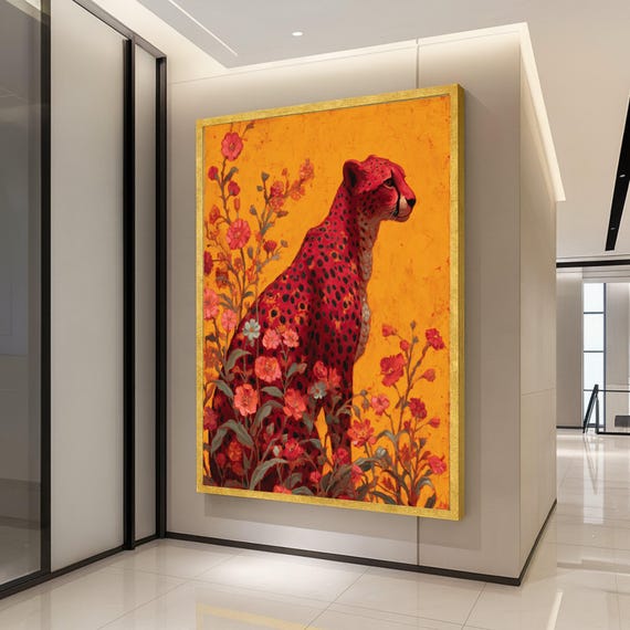 Majestic Red Cheetah Canvas Floral Nature Wall Art Vibrant Animal Painting Modern Jungle Decor Bold Wildlife Print Ready To Hang