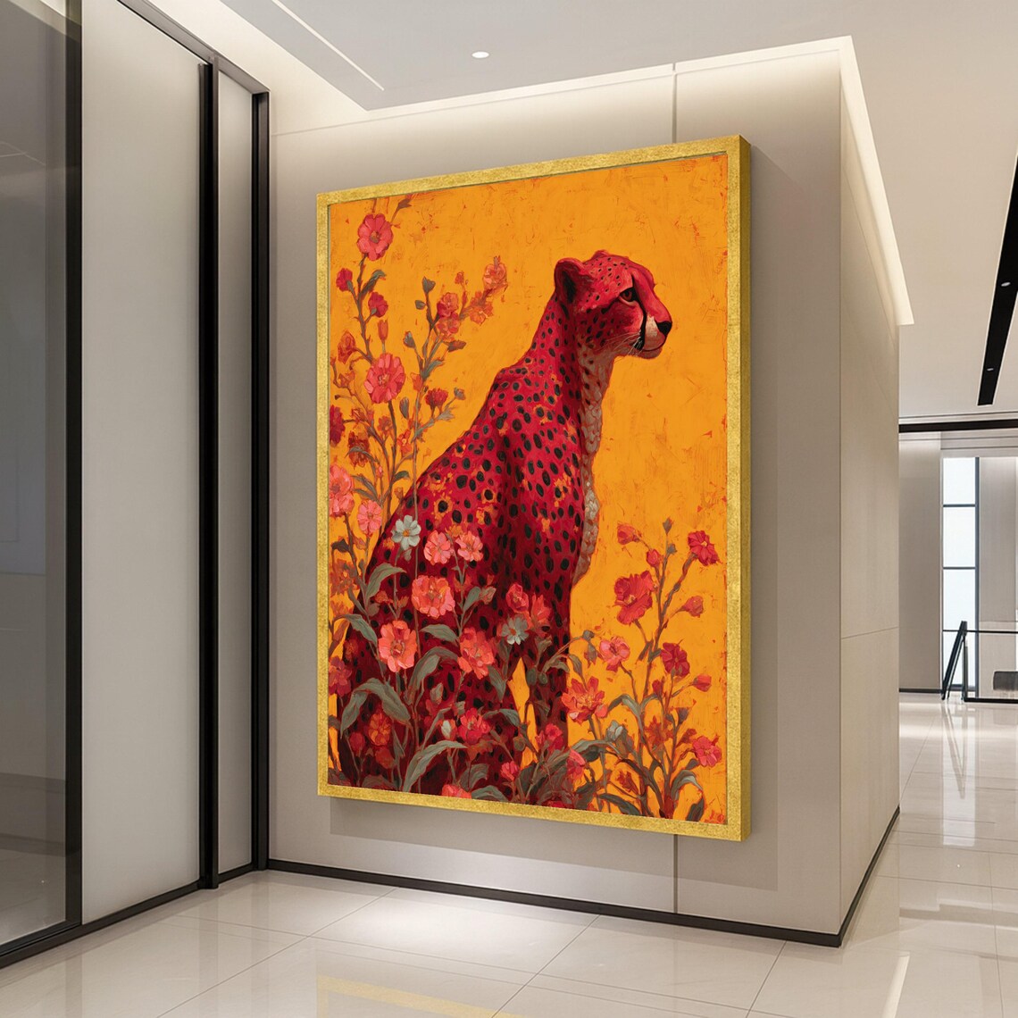 Red Cheetah Surrounded By Flowers Golden Wild Cat Art Poster