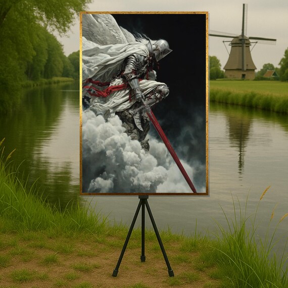 Winged Knight With Red Sword Descending Storm Clouds Wall Art