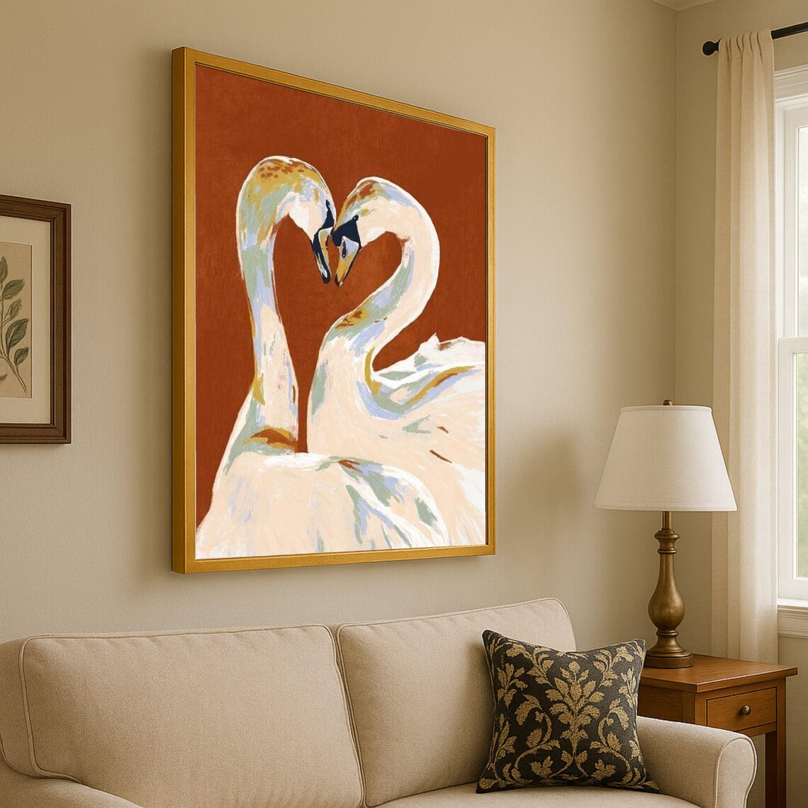 Swan Couple Love Heart Shape Wall Art Print