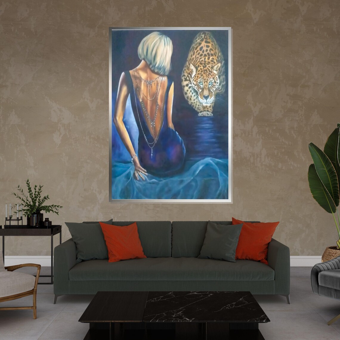 Blonde Woman in Blue Gown Walking With Leopard Wildlife Poster - Image 4