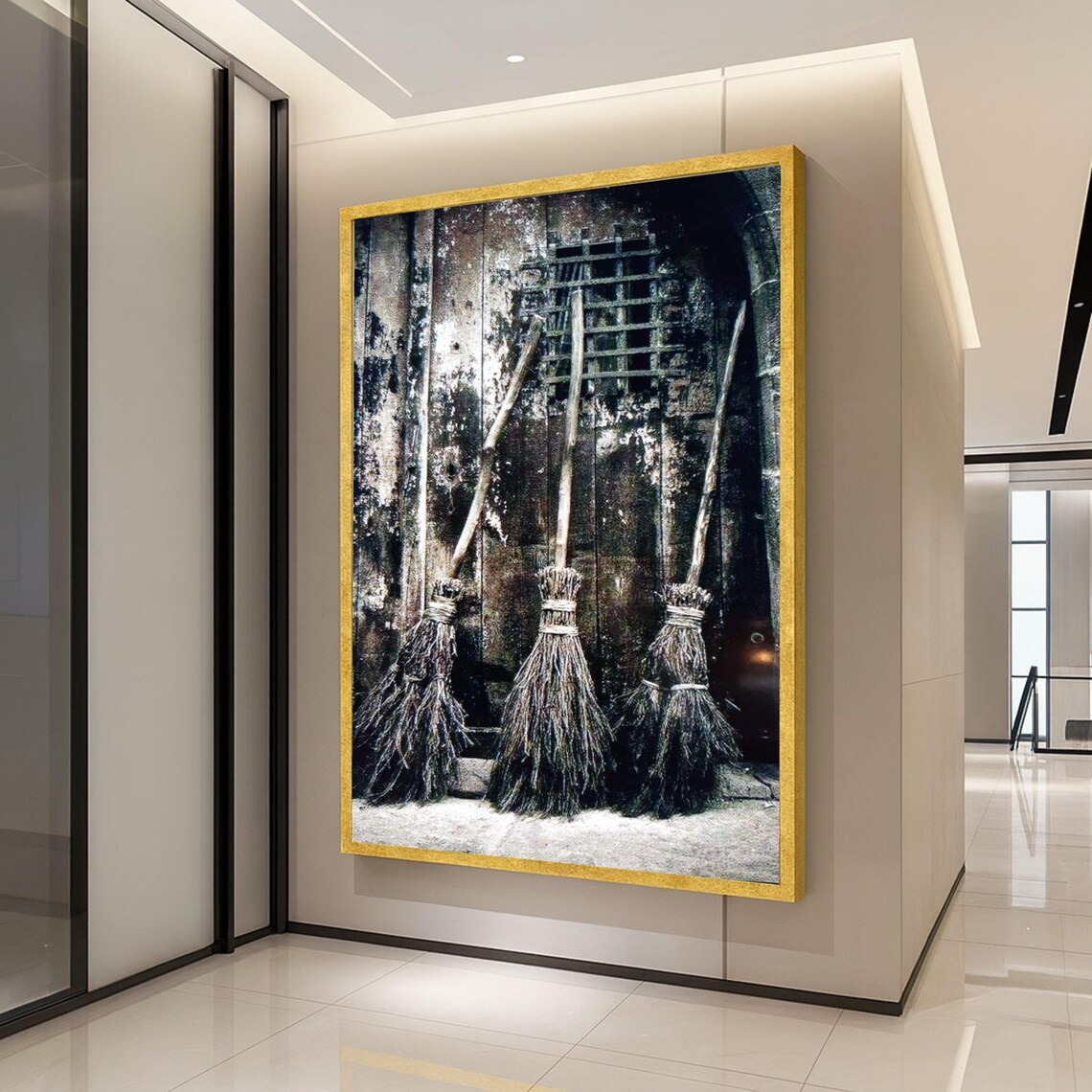 Rustic Witch Brooms Dark Wooden Door Vintage Style Painting Poster