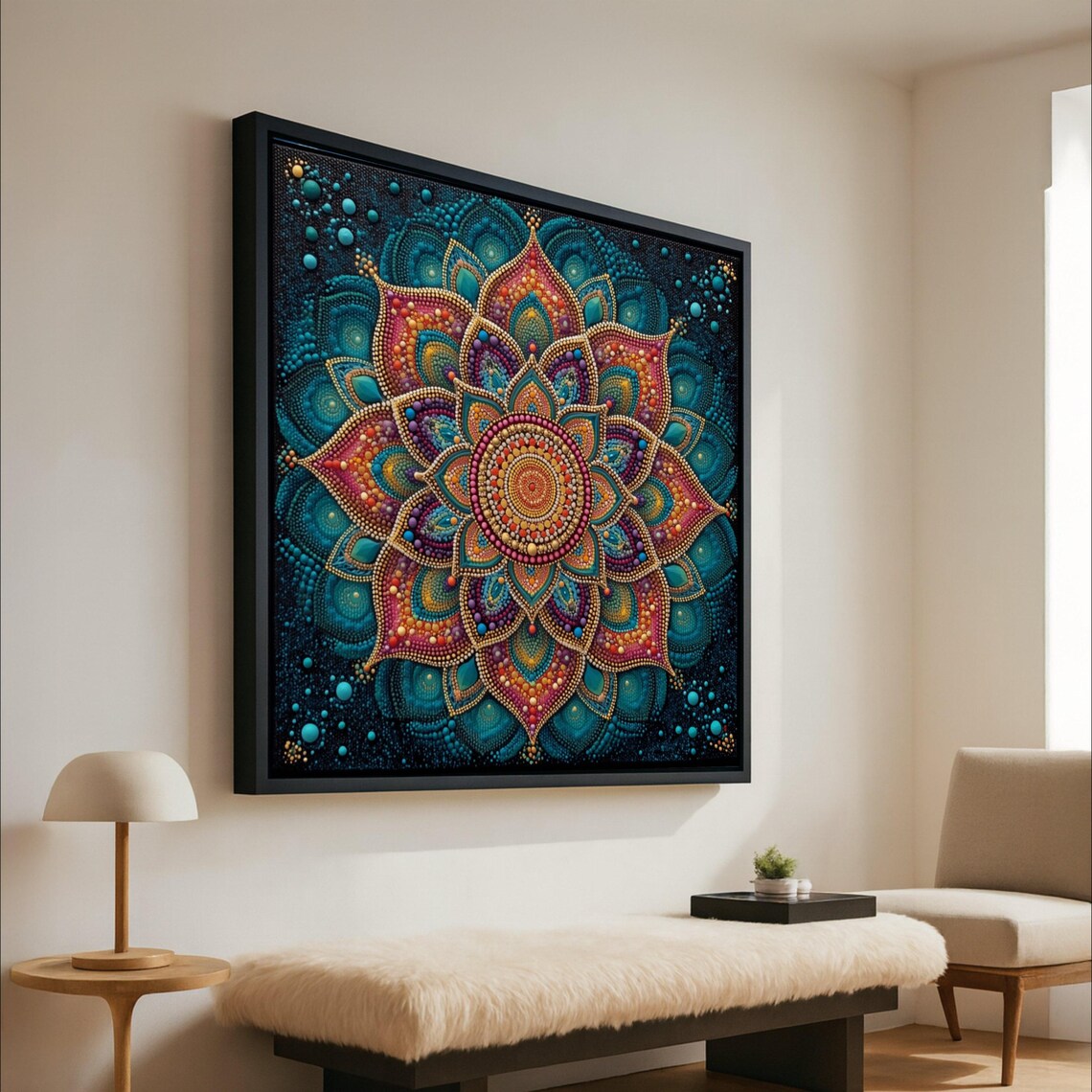 Vibrant Mandala Dot Pattern Teal Orange Geometric Spiritual Wall Art