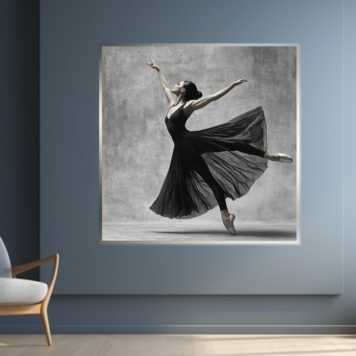 Ballerina in Black Dress Mid-Leap Elegant Monochrome Photo Poster - Image 4