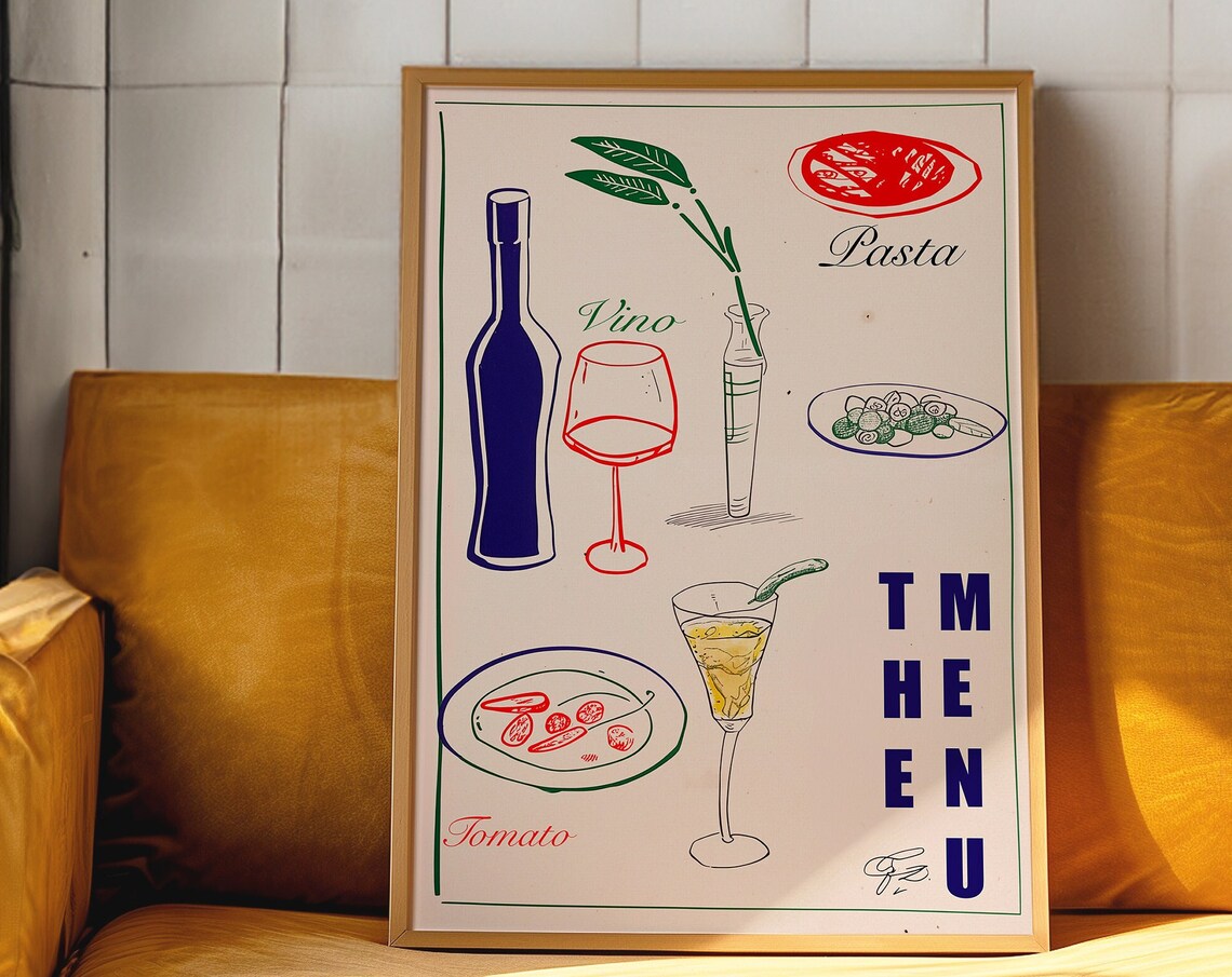 Italian Menu Vino Pasta Tomato Retro Kitchen Food Art Poster