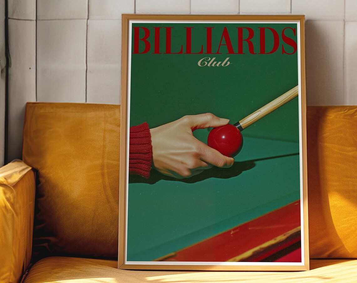Billiards Club Red Ball Cue Shot Vintage Game Room Wall Decor Poster