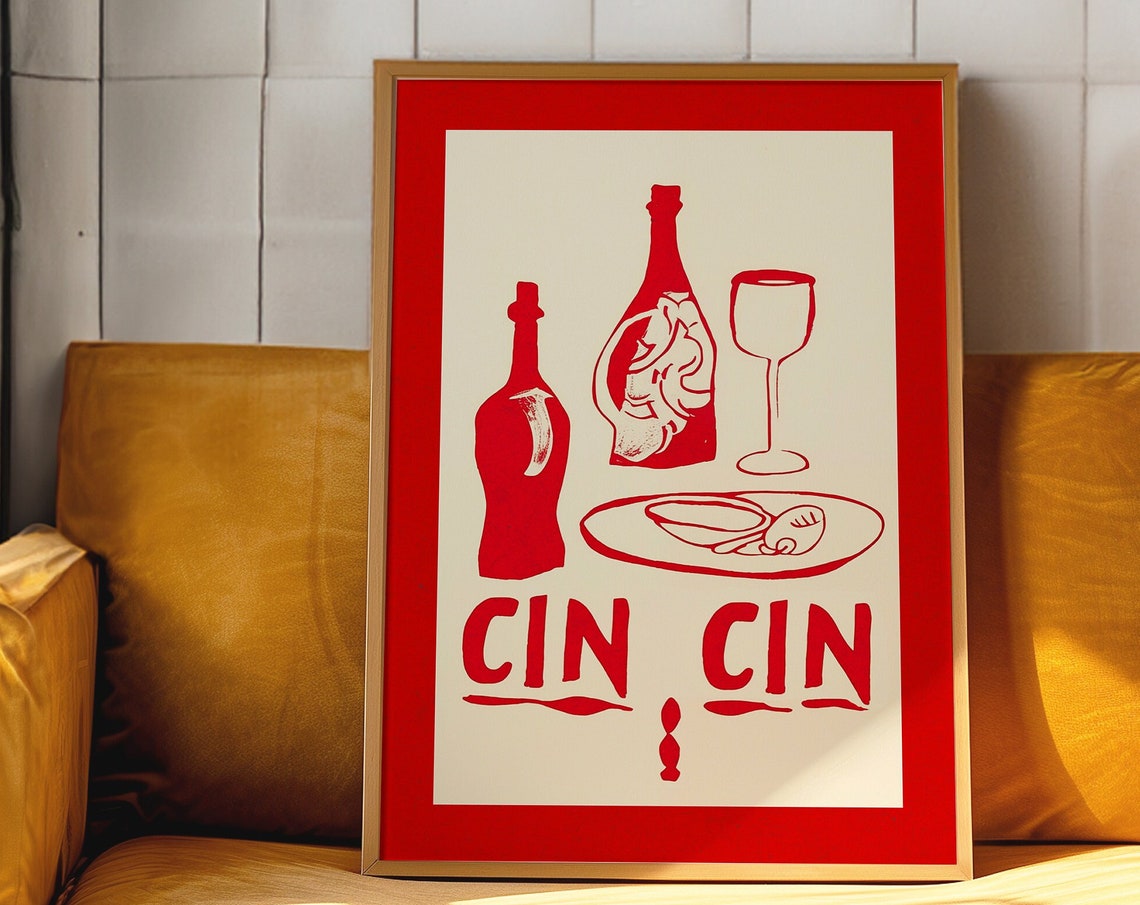 Cin Cin Italian Wine Toast Red Retro Kitchen Dining Wall Art