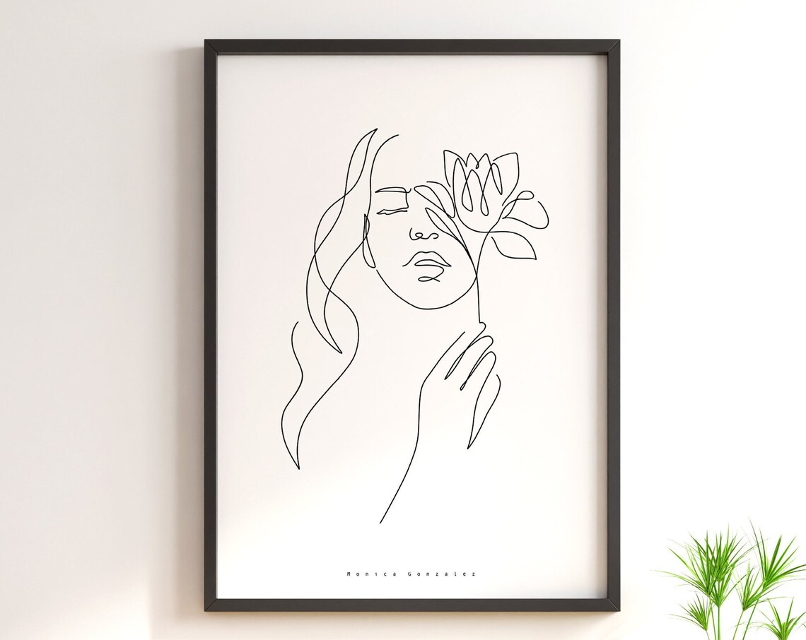 Minimalist Woman Face With Flower Single Line Modern Art Poster