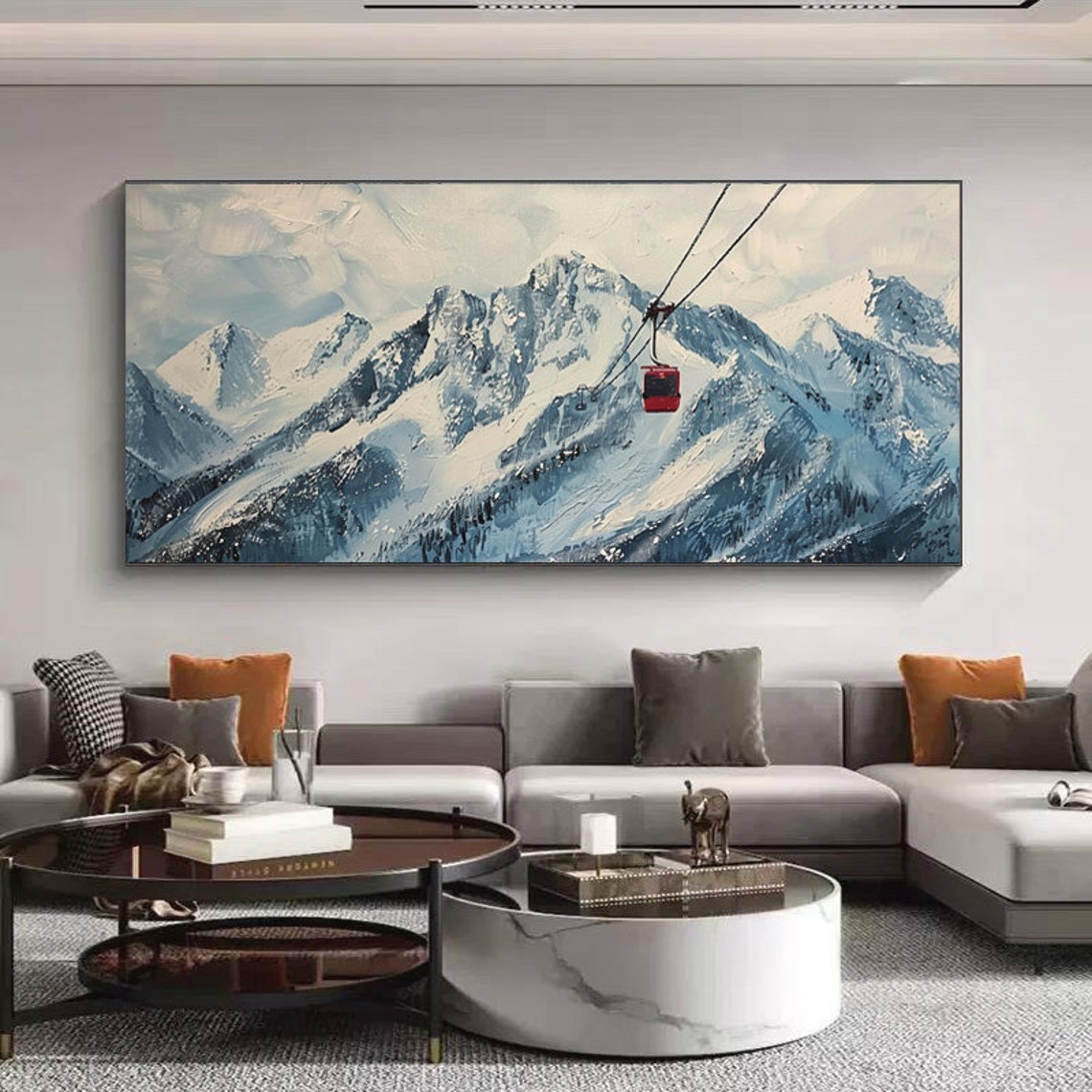Serene Snowy Alpine Peaks With a Red Cable Car Winter Scene Poster - Image 3