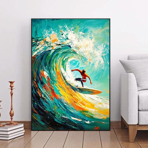 Abstract Thick Paint Palette Knife Painting Golden Waves With Surfer Textured Layered Art For Living Room Entryway Dining Room
