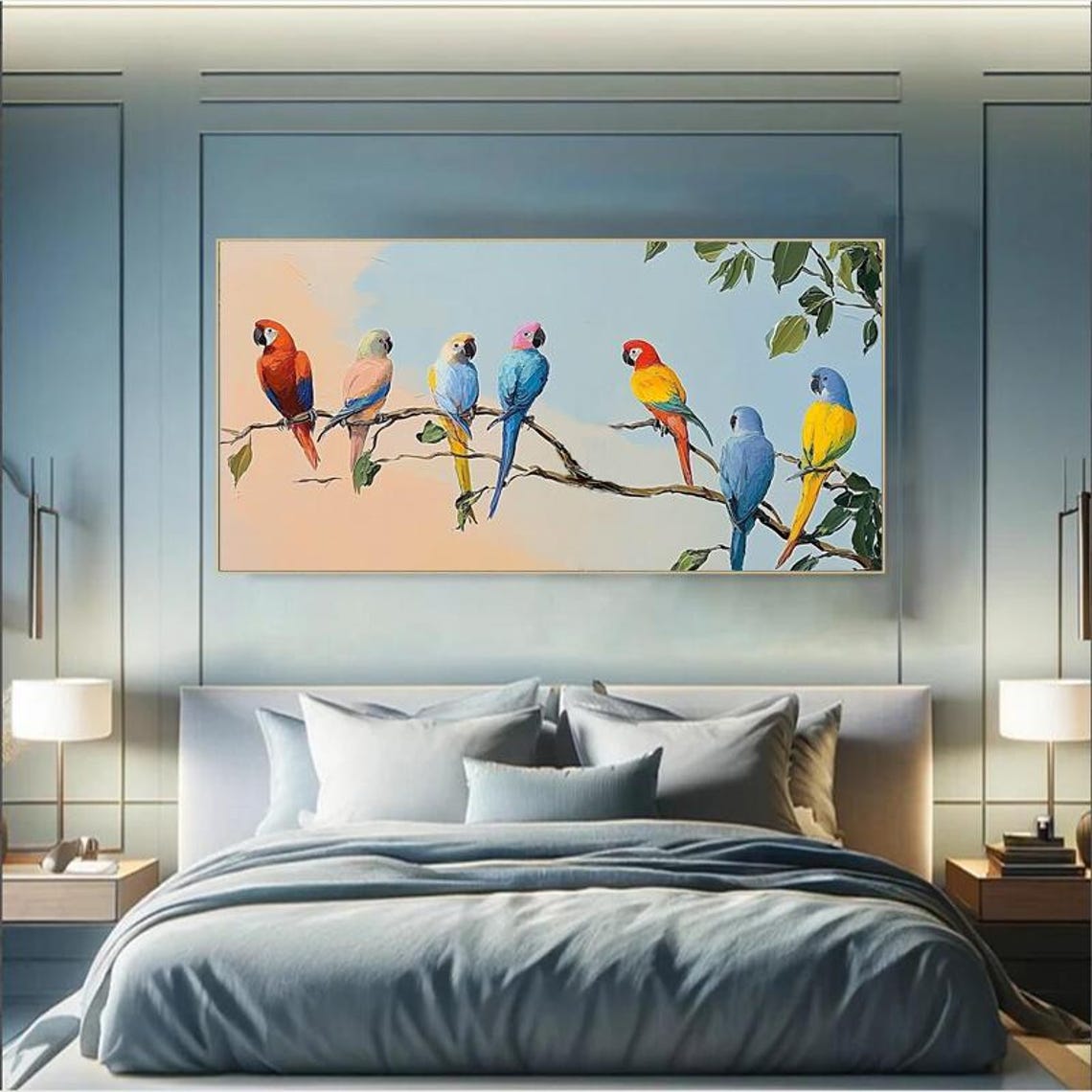 Eight Rainbow Parrots Perched on Leafy Branches Panoramic Poster - Image 6