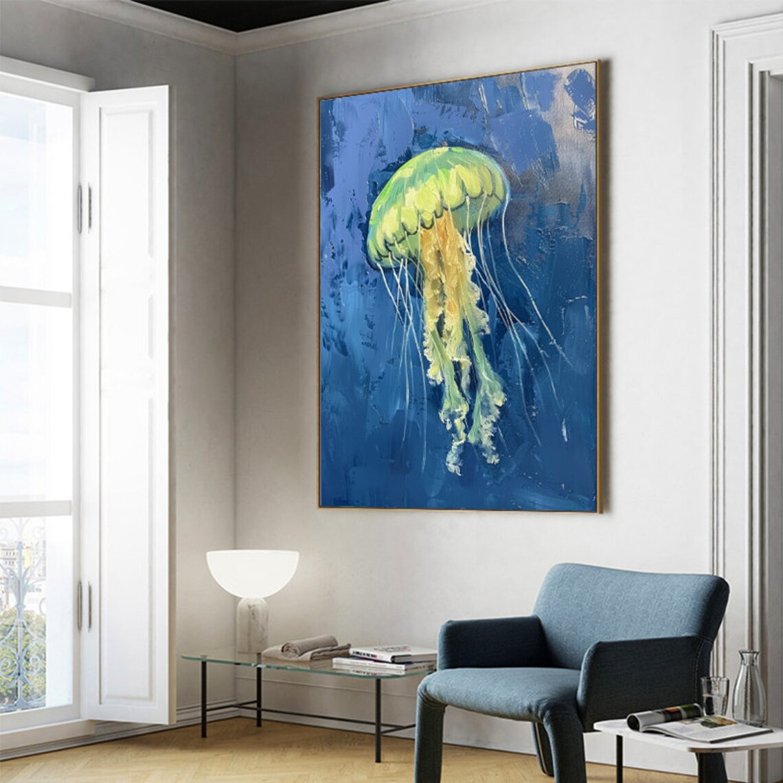 Glowing Green Jellyfish Drifting In Deep Blue Sea Vertical Art Poster - Image 4