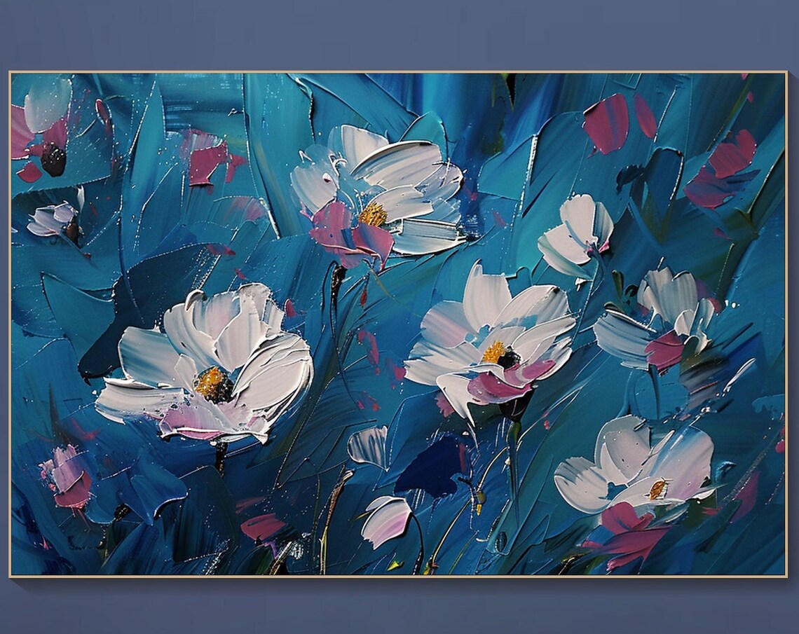 White Wildflowers On Deep Teal Blue Impasto Floral Canvas Poster