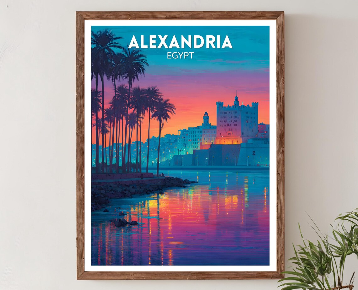 Alexandria Egypt Vibrant Travel Poster, Coastal Cityscape