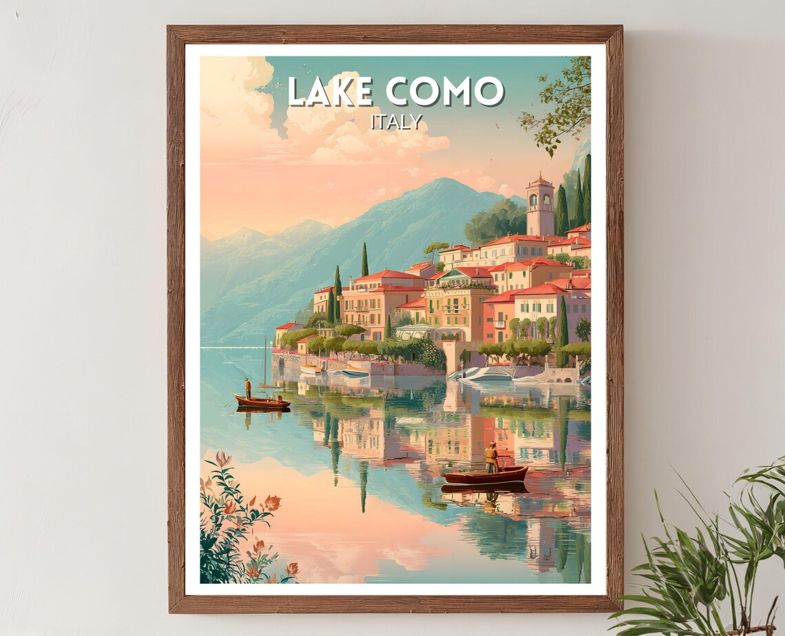 Lake Como Italy Lakeside Town Boats Pastel Morning Vintage Travel Poster
