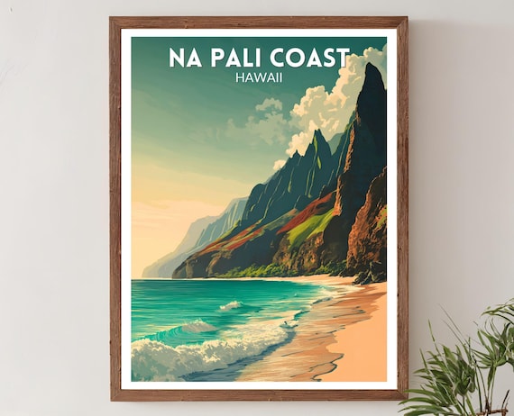 Na Pali Coast Hawaii Sunset Beach Cliffs Vintage Travel Poster