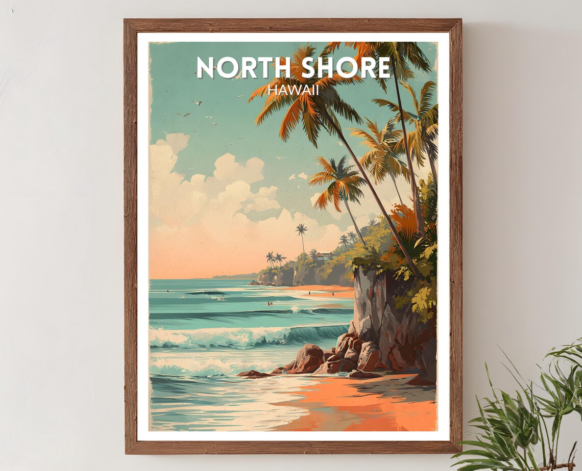 North Shore Hawaii Retro Travel Poster, Mid-Century