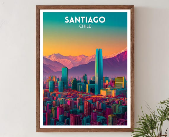 Santiago Chile Vibrant Travel Poster Retro Futuristic Wall Art Print Colorful Mountain Cityscape Modern Latin Decor