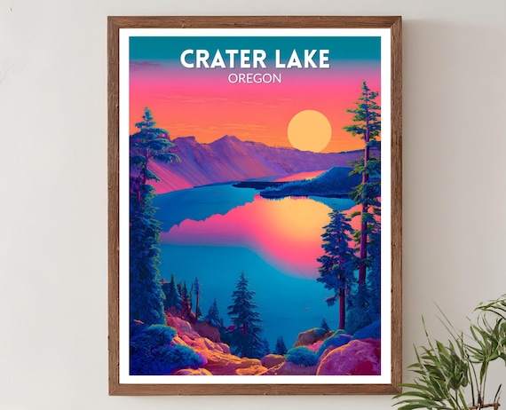Crater Lake Oregon Sunset Neon Vibrant National Park Travel Poster