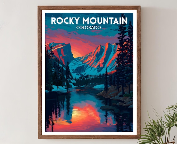 Rocky Mountain Colorado Alpine Lake Sunrise Neon Travel Art Poster